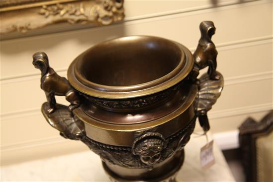 A pair of French Egyptian revival bronze urns, 16.5in.